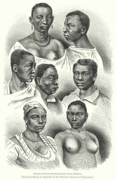 Padrões de tatuagem de cicatrizes encontrados entre os negros (gravura) de European School