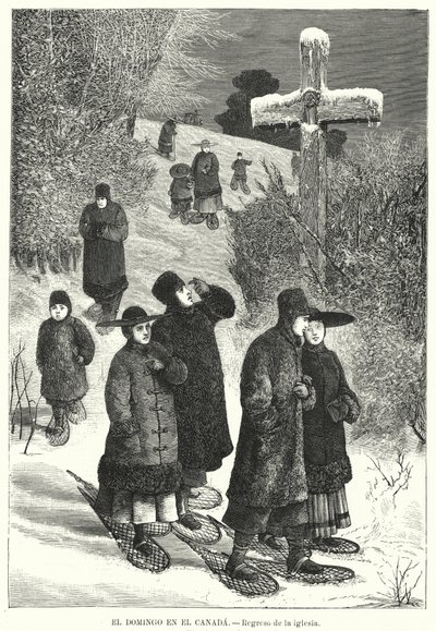 Pessoas com sapatos de neve voltando da igreja no domingo, Canadá (litho) de European School