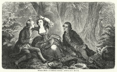 Philinen coroando Wilhelm Meister com uma coroa de flores: cena do romance de Johann Wolfgang Goethe Wilhelm Meisters Lehrjahre (gravura) de European School