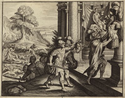 Filisteus colocando a cabeça de Saul no templo do seu deus Dagon (gravura) de European School