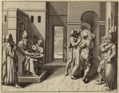 Pôncio Pilatos a lavar as mãos depois de Jesus Cristo ser condenado à morte (gravura) de European School