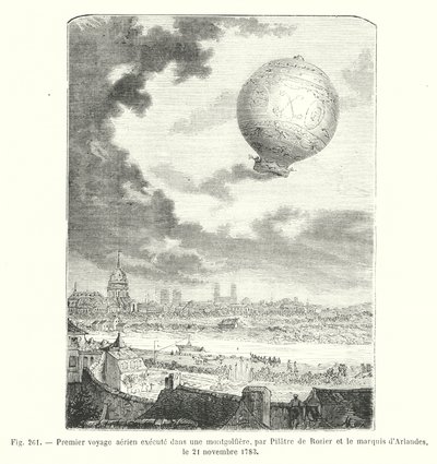 Primeira viagem aérea em balão de ar quente, por Pilatre de Rozier e o Marquês d
