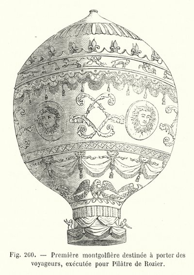 Primeiro balão de ar quente a transportar passageiros, feito para o Pilatre de Rozier (gravura) de European School