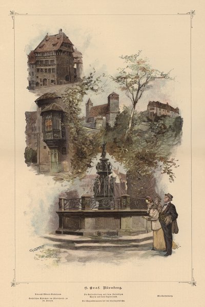 Edifícios proeminentes em Nuremberga, Alemanha (gravura colorida) de European School