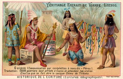 Quipus, sistema de comunicação usando cordas com nós, Peru (chromolitho) de European School