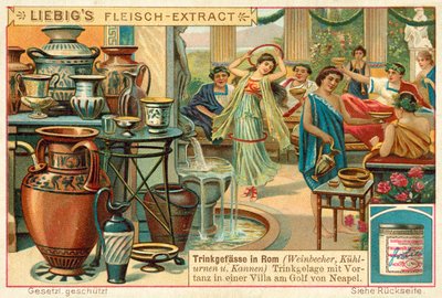 Romanos bebendo e dançando em uma vila na Baía de Nápoles (chromolitho) de European School