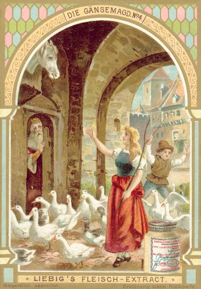 Cena do conto de fadas dos irmãos Grimm A Garota Ganso (chromolitho) de European School