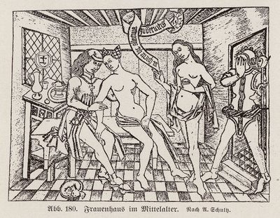 Cena de um Frauenhaus, um bordel alemão do final da Idade Média (gravura) de European School