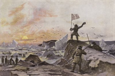 O explorador escocês Thomas Simpson descobrindo Victoria Land no Ártico canadense, setembro de 1838 (cor litho) de European School