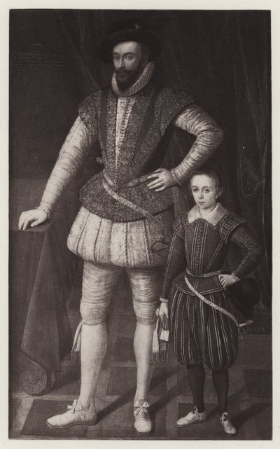 Sir Walter Raleigh e o seu Filho (litho) de European School