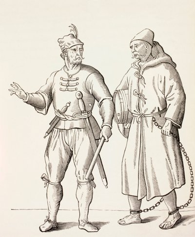 Soldado de galé do século 16 com um escravo de galé, c.1880 de European School