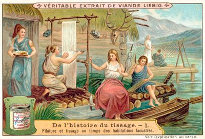 Giro e tecelagem numa antiga aldeia à beira de um lago (chromolitho) de European School