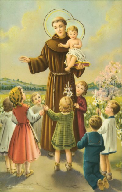 São Francisco de Assis com o Menino Jesus e as crianças (litografia a cores) de European School