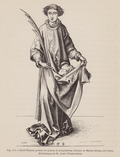 St Stephen carregando folha de palmeira de um mártir e as pedras usadas em seu martírio (gravura) de European School
