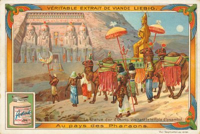 Estátua de Osíris visitando o templo de Ipsambul, cartão Liebig, início do século XX (cromo) de European School