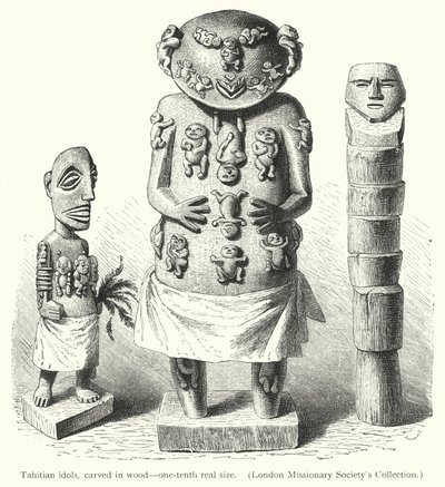 Ídolos taitianos, esculpidos em madeira (gravura) de European School