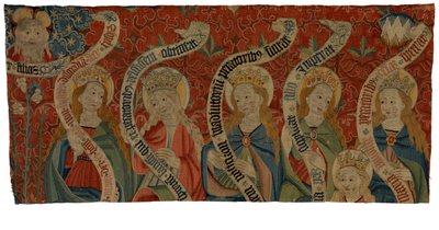 Fragmento de tapeçaria representando o Todo-Poderoso e seis mulheres santas, provavelmente de um antepêndio, fim do século XV (lã) de European School