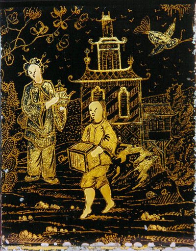 Chá Caddy à maneira chinesa representando um porteiro e uma senhora carregando um bule (metal) de European School