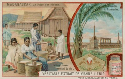 A terra de Hova: mulheres vendendo arroz, mausoléu em Antananarivo e o brasão de armas de Hova de European School