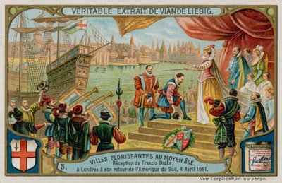 A recepção de Francis Drake a Londres da América do Sul em 1581 (chromolitho) de European School