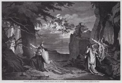 The Ride of the Valkyries, cena de Die Walkure, a segunda ópera do Der Ring des Nibelungen, de Richard Wagner, apresentada no National Theatre, Munique (gravura) de European School