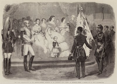 A Guerra, Apresentação à Imperatriz-Regente Eugenie de uma Bandeira Austríaca tirada na Magenta (gravura) de European School