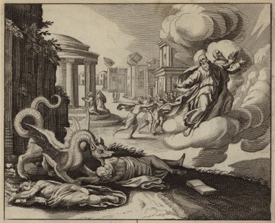 A besta do abismo matando as duas testemunhas antes de serem chamadas ao Céu (gravura) de European School