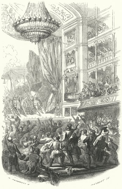 O início da Revolução Belga: representação da ópera La Muette de Porcini de Daniel Auber no Teatro de la Monnaie em Bruxelas, 25 de Agosto de 1830 (gravura) de European School
