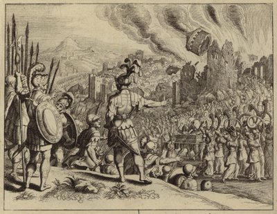 As trombetas de Josué derrubando as muralhas de Jericó (gravura) de European School
