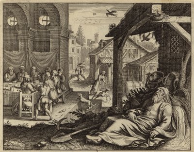 Tobit cego pelos excrementos dos pardais (gravura) de European School
