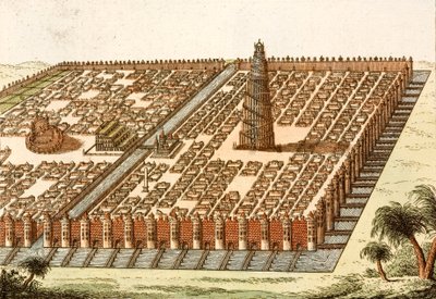 Torre de Babel, Palácio Real e Jardins Suspensos de Bablyon (gravura colorida) de European School