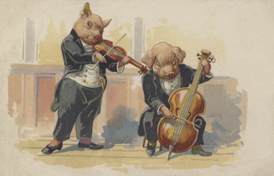 Dois porcos a tocar instrumentos musicais (litografia a cores) de European School