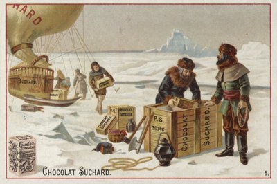 Descarregando casos de chocolate Suchard de um balão no Ártico de European School