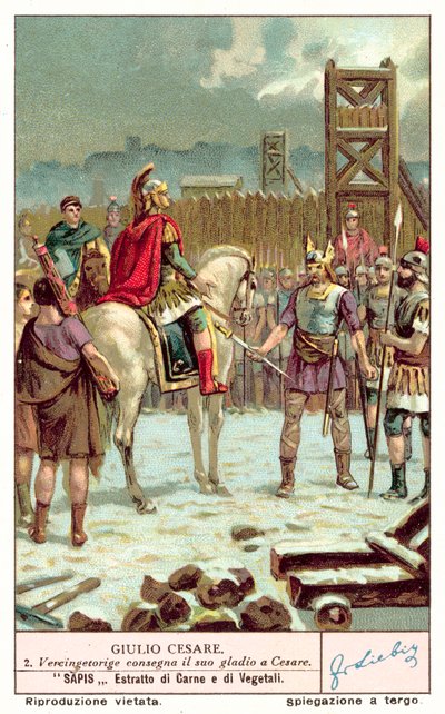 Vercingetorix entregando sua espada a Júlio César após o Cerco de Alesia, 52 a.C. (chromolitho) de European School