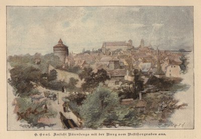 Vista de Nuremberga e do seu castelo, Alemanha (gravura a cores) de European School