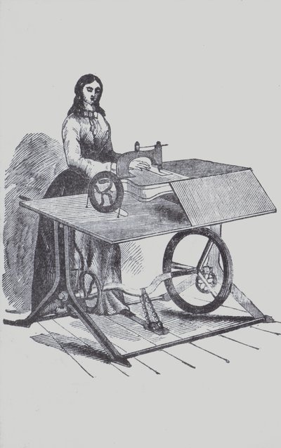 Mulher que usa uma máquina de costura (litho) de European School