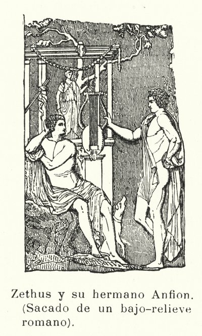 Zethus e Amphion, filhos gêmeos de Zeus, baixos-relevos romanos (litho) de European School