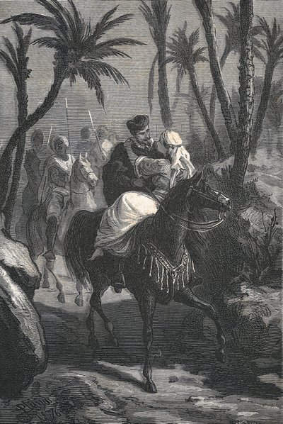 Cervantes monta um cavalo com uma mulher num oásis de Eusebio Planas