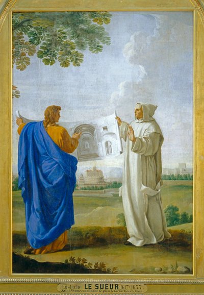 São Bruno examina um desenho das termas de Diocletien, futuro local da casa de foral de Roma ... de Eustache (studio of) Le Sueur