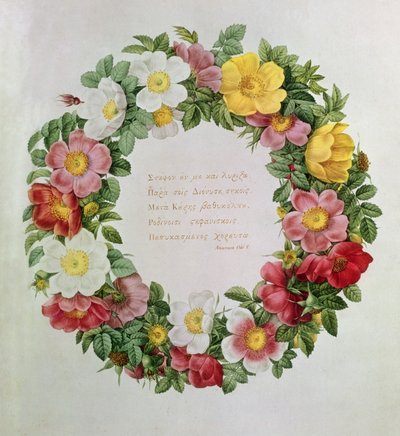 Claude-Antoine Thory Les rosas, Frontispício: Garland com uma epígrafe da Ode V pelo poeta grego Anacreon, 1817 (litografia) de Eustache Hyacinthe Langlois