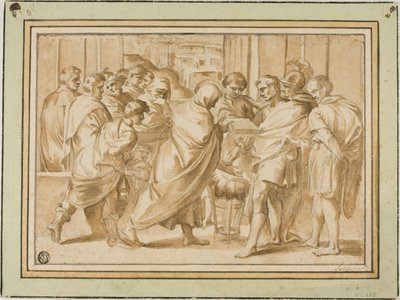 Cena da história romana, com figura drapeada apresentando o livro ao governante de Eustache Le Sueur