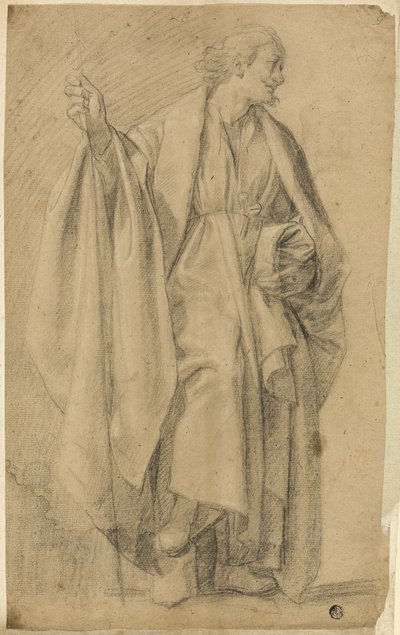 Figura masculina drapejada em pé, segurando o bastão de Eustache Le Sueur