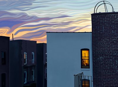 Edifícios de apartamentos e janelas brilhantes com céu dramático e nuvens ao anoitecer no crepúsculo de verão (arte digital) de Evan Sklar