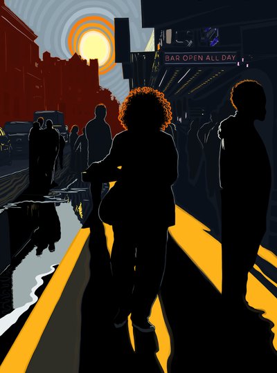 Figuras iluminadas e sol na calçada de Manhattan (arte digital) de Evan Sklar