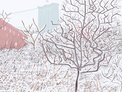 Pássaro na neve, Brooklyn Bridge Park (arte digital) de Evan Sklar