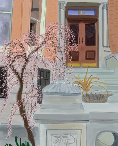 Cerejeira em flor, Brooklyn, 2017 (desenhada à mão num iPad com um lápis Apple) de Evan Sklar