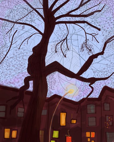 Brooklyn Brownstone Street At Dusk, 2016 (desenhado à mão num iPad com um lápis Apple) de Evan Sklar