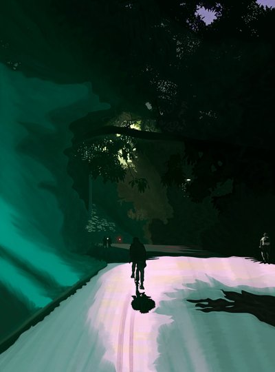 Ciclista à noite, Prospect Park, Brooklyn, c.2020-24 (arte digital) de Evan Sklar