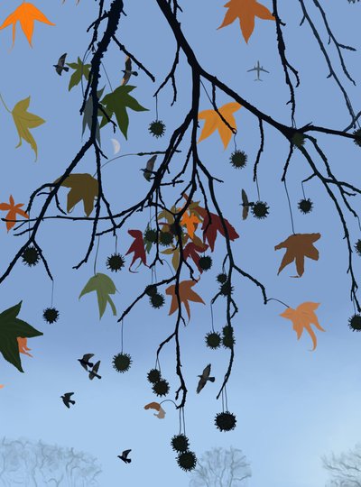 Gum Tree, Birds and Moon, Brooklyn (arte digital) de Evan Sklar