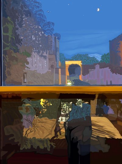 Homem refletido na janela do quarto à noite (arte digital) de Evan Sklar